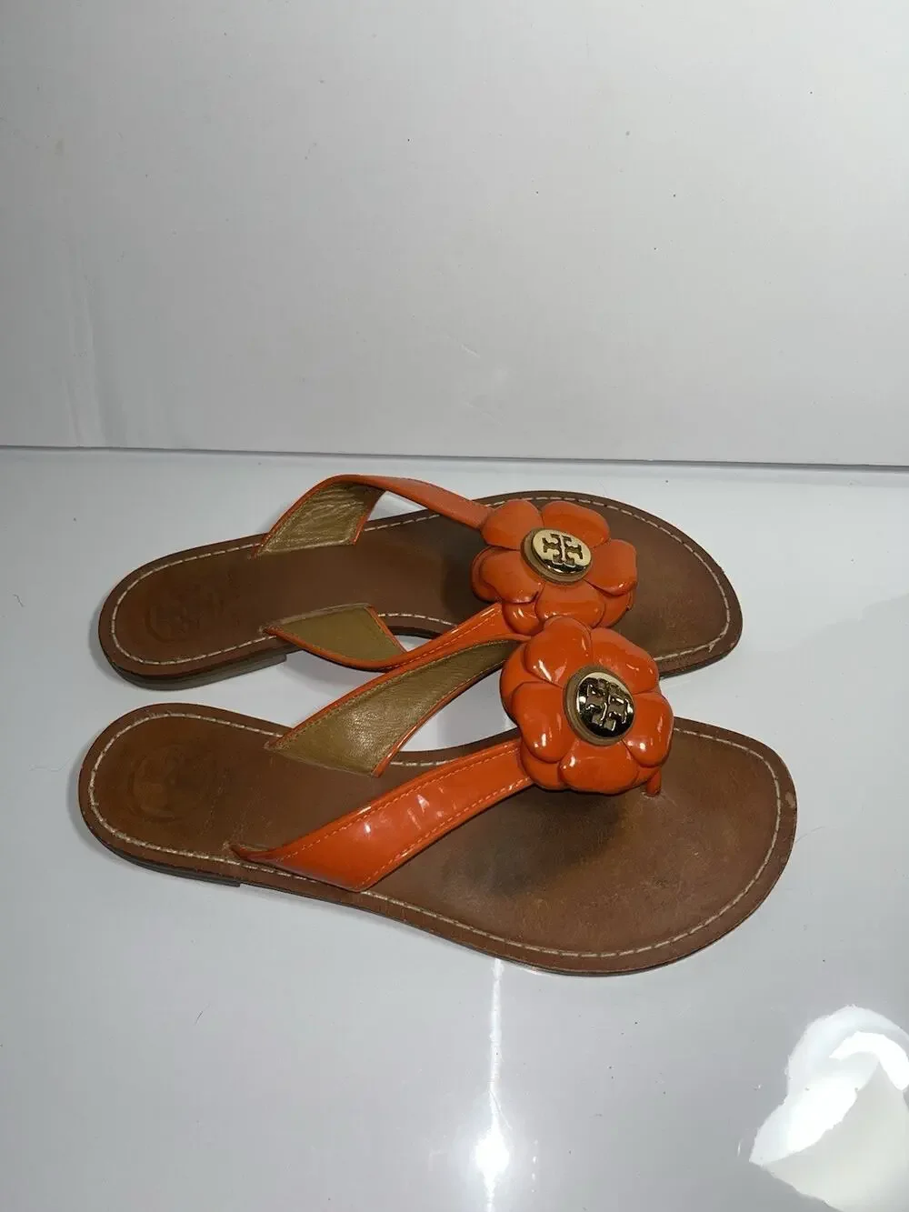 Tory Burch Breely Flower Thong Sandals Orange Patent Leather Size6.5